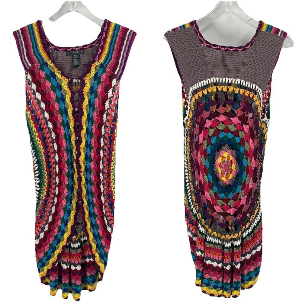 Forever 21 Knit Afghan Colorful Rainbow Sweater Vest Boho Festival Sz Medium
